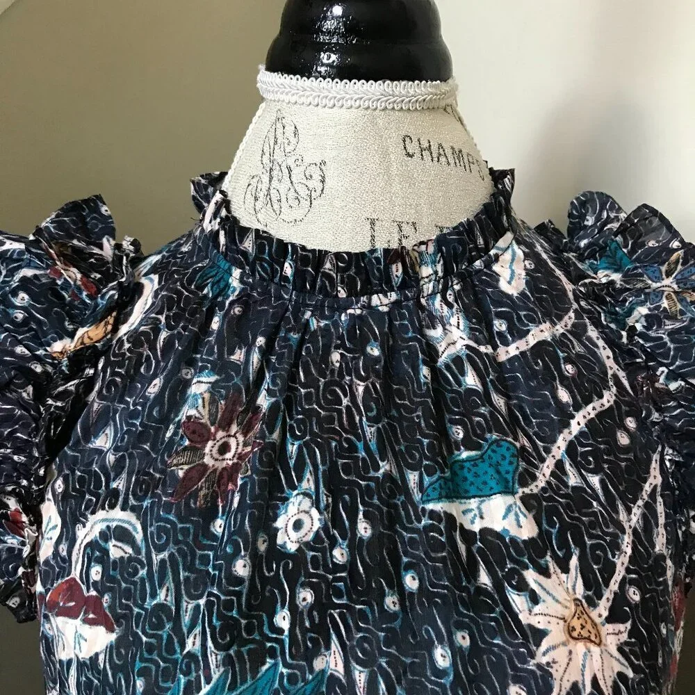 Ulla Johnson Denia Mini Dress Womens 2 Blue Cream Floral Print Flutter Sleeves - Picture 6 of 14